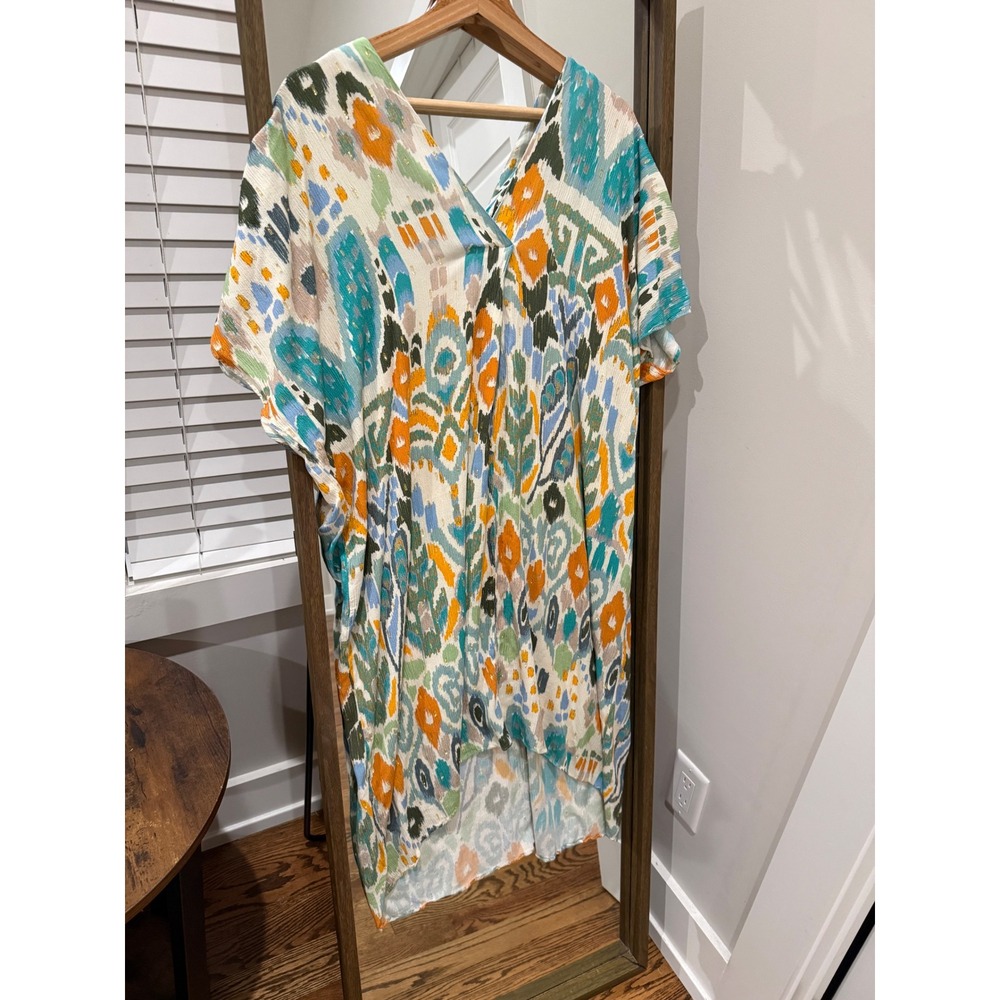 ZARA Abstract Print V Neck Short Sleeve High Low Dress Women's M L Cover Up
